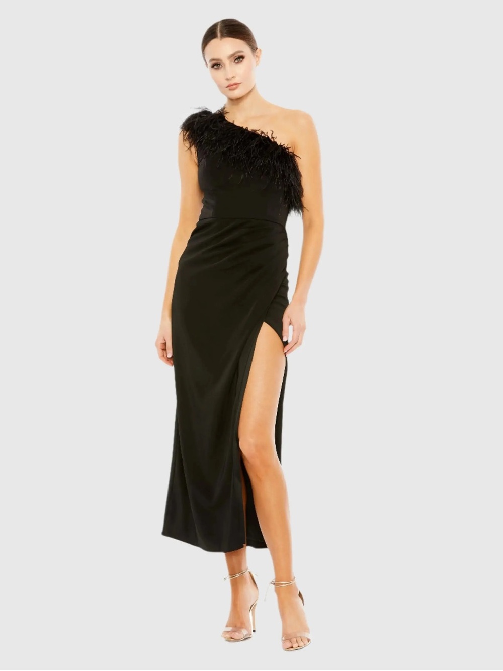 Mac Duggal - One-Shoulder Black Feather Trim Evening Dress